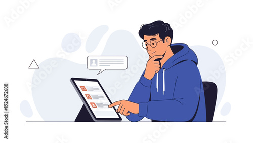 Young Man Using Tablet for Online Learning or Work, Thinking Pose