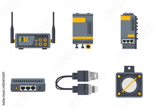 Collection of various electronic devices and connectors displayed against a white background