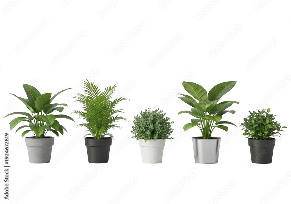 Fototapeta premium Five potted green plants on transparent background for decoration and interior design