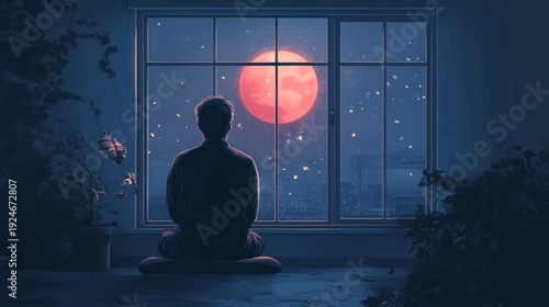 Silhouette meditating by window with glowing moon in night sky