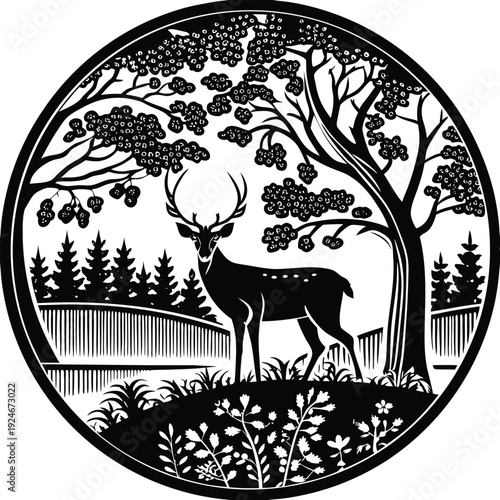Deer Standing on Hillside Under Tree with Forest and Fence in Background Circular Design