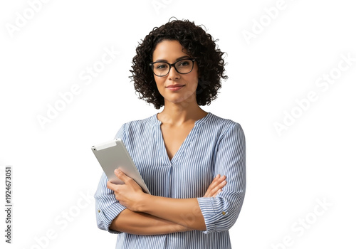 Wallpaper Mural A woman with curly hair and glasses holding a tablet isolated on transparent background Torontodigital.ca