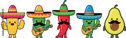 Cute Mexican Food Characters with Sombrero Hats Playing Guitar Fiesta Cartoon Flat Vector Illustration Set