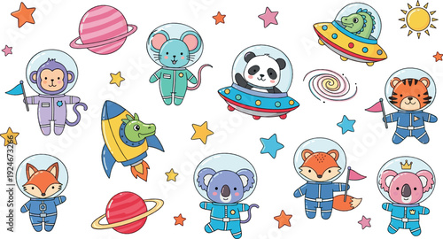 Cute Space Animals Collection with Astronaut Fox, Panda, Koala and Rocket Planets Cartoon Flat Vector Illustration