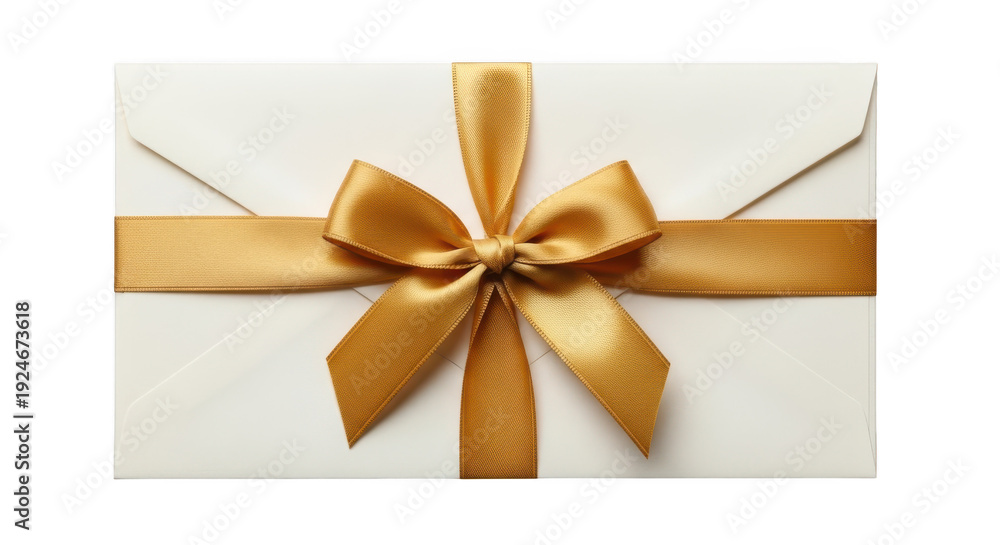 Fototapeta premium Gift envelope with golden ribbon bow on transparent background
