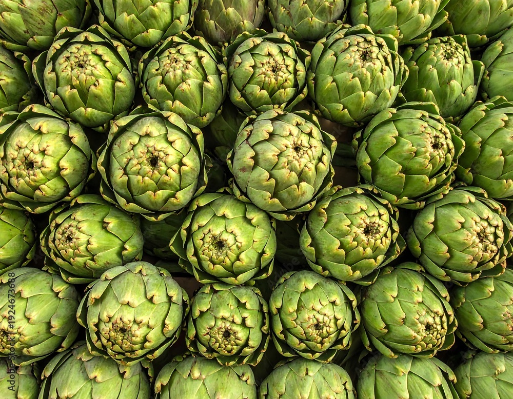 Obraz premium Close-up of numerous green artichokes, tightly packed and displayed. The spiky vegetables create a visually appealing, textured pattern