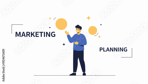 Man Juggling Marketing and Planning Orbs, Business Strategy Concept