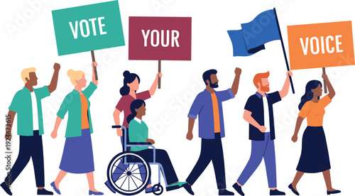 Diverse People Marching with Vote Your Voice Signs Civic Engagement and Democracy Protest Flat Vector Illustration