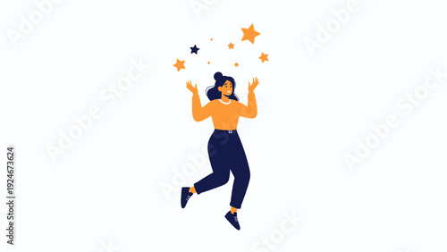 Happy Woman Jumping with Falling Stars - Success and Celebration Concept