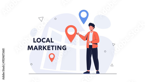 Local Marketing Concept with Man and Location Pins on Map