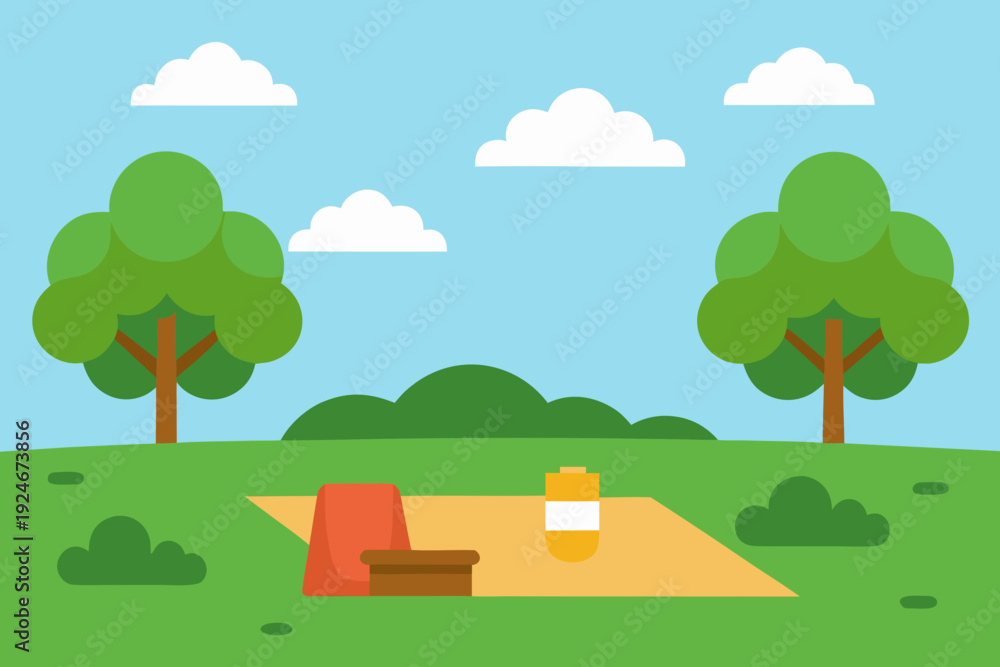 Fototapeta premium Summer Picnic Landscape with Trees and Grass Field