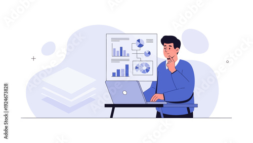 Man Analyzing Data on Laptop with Charts and Graphs
