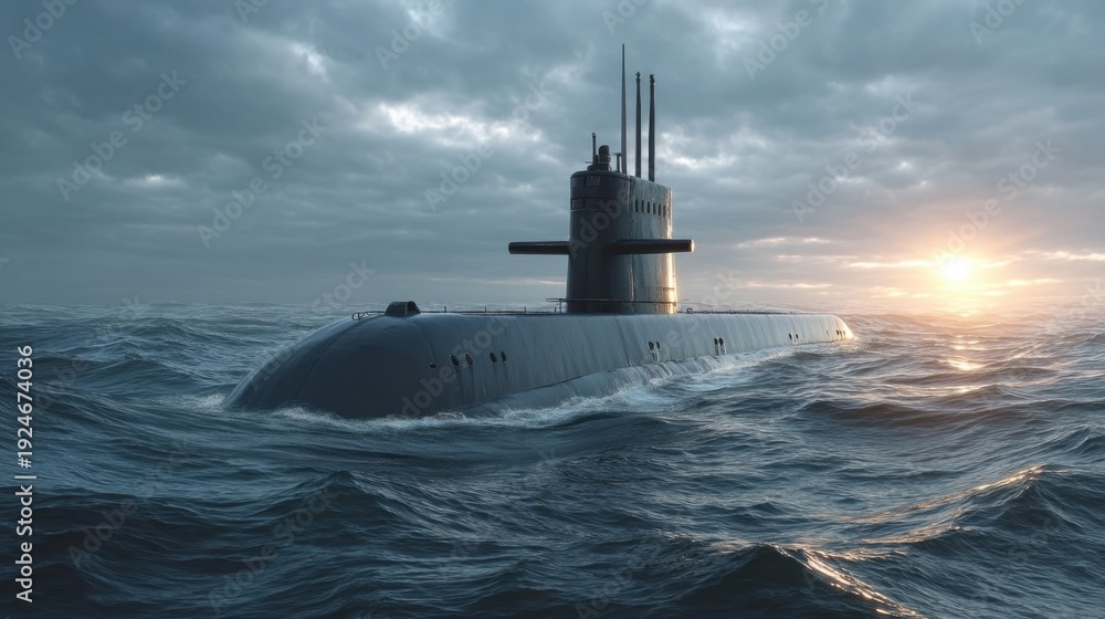 Fototapeta premium Submarine Emerging From Ocean Under Dramatic Sky at Sunset with Waves and Light Reflections