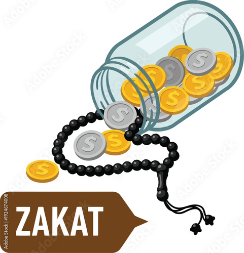 Zakat donation concept with coins in glass jar and Islamic prayer beads for charity and Ramadan giving