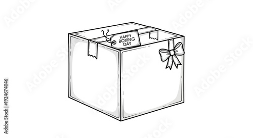 Boxing Day Gift Box with Ribbon and Tag, Hand-Drawn Illustration