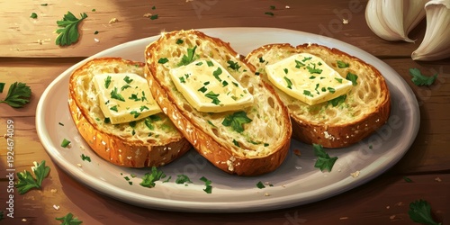 Toasted bread slices with butter and herbs on a white plate overhead view