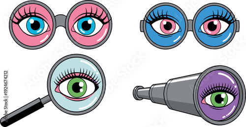 Eye Examination and Vision Care Icons with Glasses, Magnifier and Ophthalmology Equipment Flat Vector Illustration Set