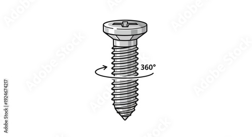 360 Degree View of a Single Metal Screw with a Phillips Head on a White Background