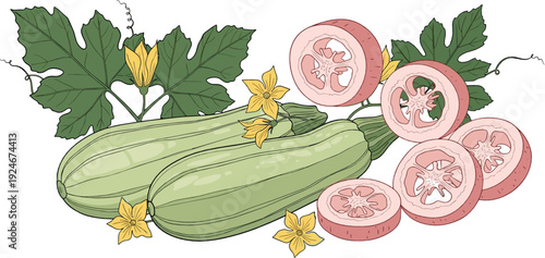 Fresh Zucchini and Sliced Squash with Leaves and Yellow Blossoms Botanical Vegetable Illustration in Detailed Hand Drawn Vector Style