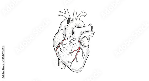Anatomical illustration of a human heart with visible coronary arteries, isolated on white background