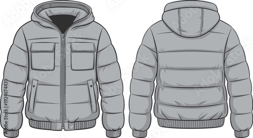 Grey Hooded Puffer Jacket Mockup, Winter Outerwear Technical Sketch, Front and Back View, Quilted Padded Warm Coat Design Template.