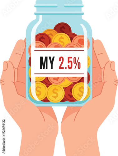 Hands Holding Jar of Coins Representing 2.5% Savings and Financial Growth