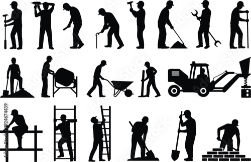 Construction Worker Silhouette Set, Manual Laborer with Tools, Builder Engineering Site, Industrial Work Equipment, Bricklayer, Contractor, Heavy Machinery, Scaffolding.