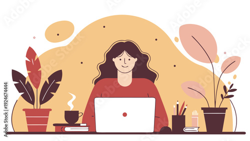 Young woman with long wavy hair happily works on her laptop at a cozy home desk, surrounded by many plants.