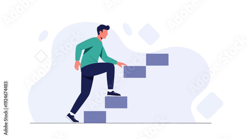 Man climbing stairs, concept of progress, personal growth, and achieving goals