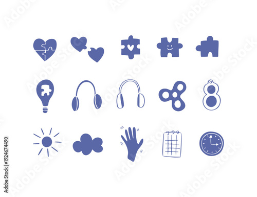 Hand drawn icon vector set neurodiversity support. Autism puzzle, headphones, routine, heart, spinner illustration. Autism Awareness Day art drawing, Asperger syndrome cliparts for stickers, banner