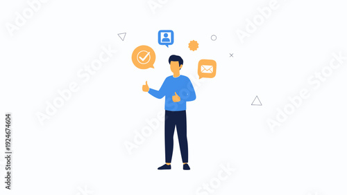 Man Giving Thumbs Up with Social Media Icons and Notifications