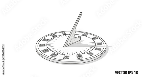 Vintage Sundial with Roman Numerals Casting Shadow on White Background, Retro Timekeeping Device
