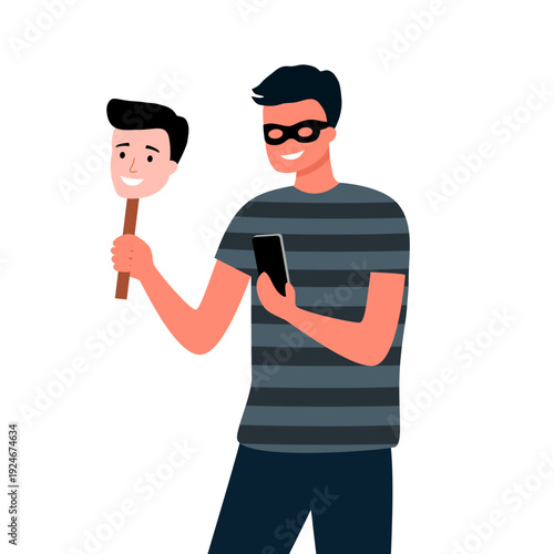 Hacker holding face mask with smartphone in hand. Cyber crime data hacking or stealing personal data concept. Mobile phishing.
