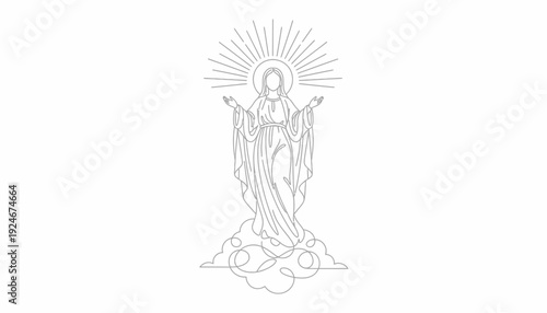 Virgin Mary Ascension Line Art Illustration, Religious Symbol, Divine Grace, Heavenly Being on Clouds