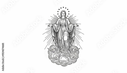 Virgin Mary on Clouds, Religious Illustration, Immaculate Conception, Divine Grace, Catholic Symbol