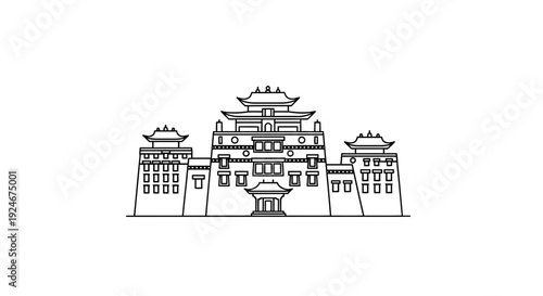 Traditional Asian Temple Building Facade Outline