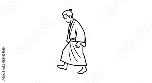 Traditional Japanese man in kimono walking with head down, line art illustration