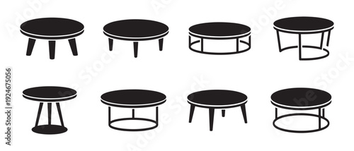 Black silhouettes of eight different round coffee table designs with various leg styles.