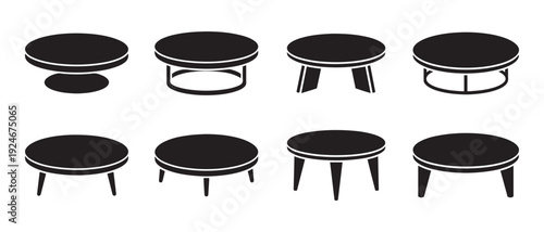 Collection of eight modern round coffee table silhouette icons with various leg styles.