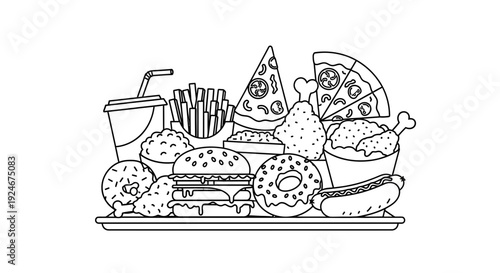 Unhealthy Fast Food Assortment: Burger, Pizza, Fries, Donuts, Hot Dog, Fried Chicken, Soda