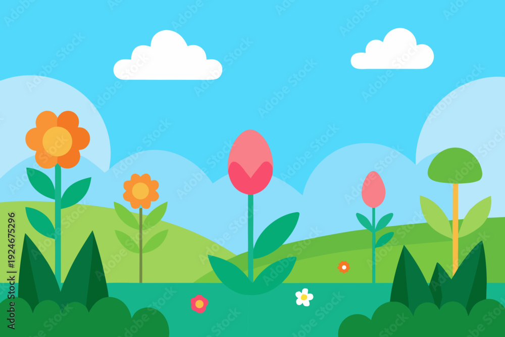 Obraz premium Summer Garden Landscape with Blooming Flowers and Blue Sky