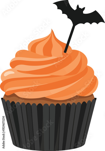 Halloween-themed Cupcake with Orange Frosting and Bat Decoration for Fall Celebrations
