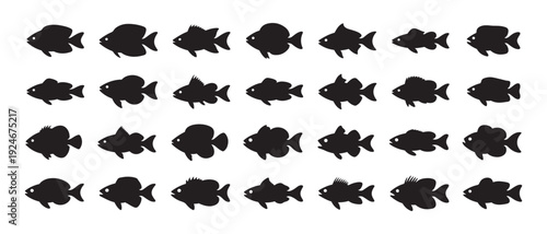 Black silhouettes of various tropical fish arranged in a neat grid on a white background.