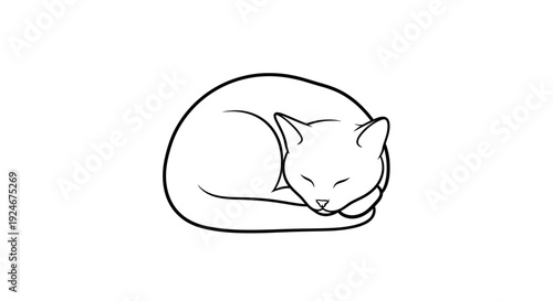Sleeping Cat Outline, Minimalist Line Art of a Feline Curled Up