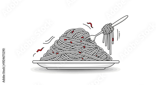 Spaghetti with Tomato Sauce on Fork, Italian Food Illustration