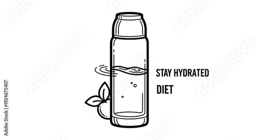 Stay Hydrated Diet: Water Bottle with Leaves and Bubbles, Healthy Lifestyle Concept