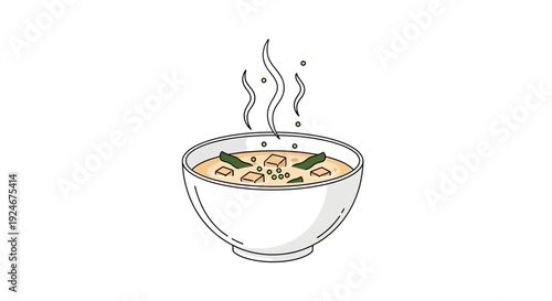Steaming Bowl of Hot Soup with Tofu and Greens, Healthy Food Illustration