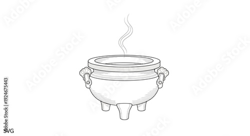 Steaming Cauldron with Three Legs and Handles, Hand-Drawn Style