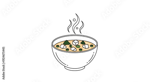 Steaming Bowl of Miso Soup with Tofu and Green Onions - Simple Line Art Illustration