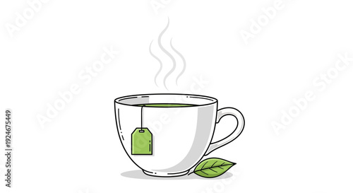 Steaming Cup of Green Tea with Tea Bag and Leaf, Healthy Beverage, Refreshing Drink